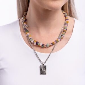 Multicolor Gemstone Necklace with Silver Butterfly Pendant